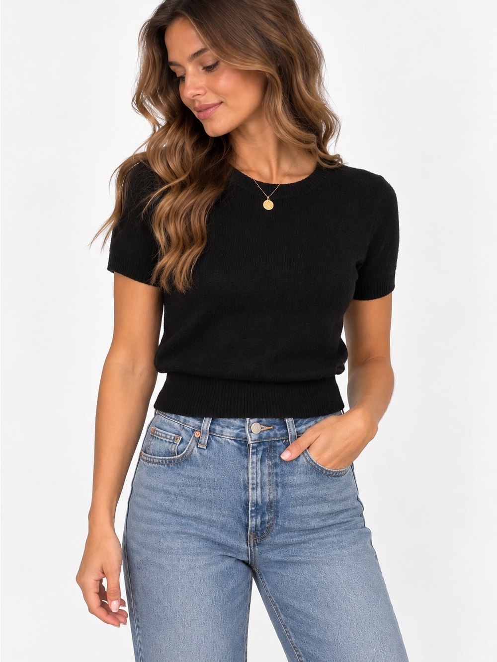 Forever 21 Black Short Sleeve Knit Sweater Tee Crewneck Top